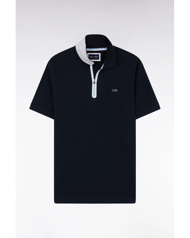 Polo zippé à manches courtes en coton stretch marine Eden Park